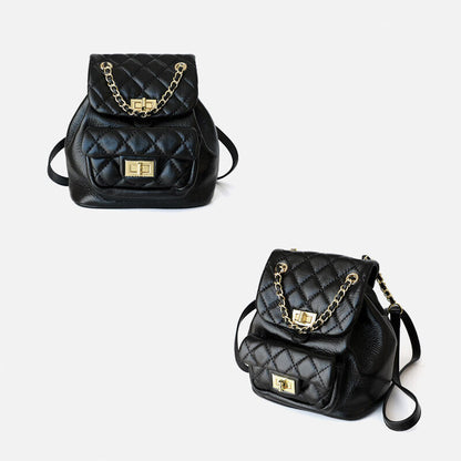 Small Mini Quilted Leather Backpack Drawstring Bucket Bag Flap Purse Chain Strap