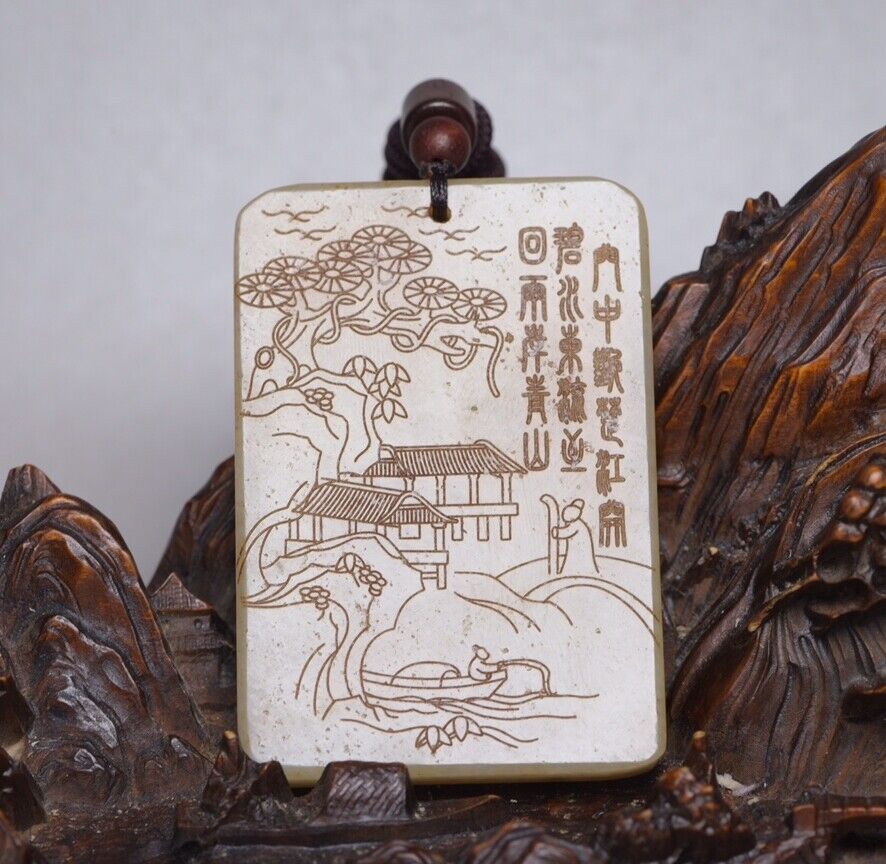 Chinese Natural Hetian Jade Carved Landscape Statues Exquisite Pendant Jewelry