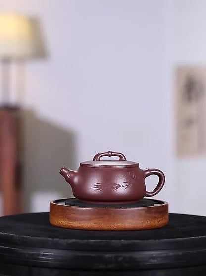 true yixing zisha teapot hand carved bamboo marked big mouth for Pu'er tea 6.8oz