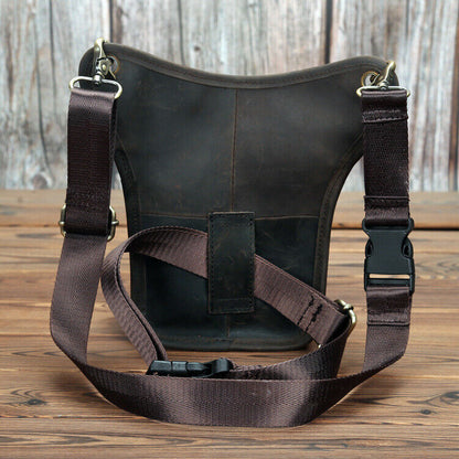 Mens Motorcycle Crazy Horse Leather Drop Leg Bag Tactical Thigh Waist Fanny Pack