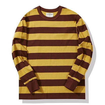 280g Heavyweight Cotton Striped Long Sleeve T-Shirt Men Autumn Navy Thick Tops
