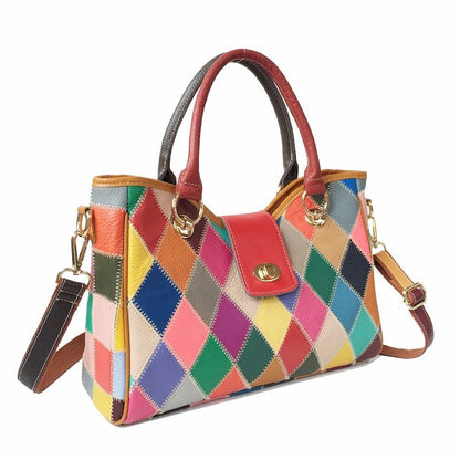 Top Cow Leather Colorful Patchwork Handbags, Desinger Women's Tote Shoulder Bag