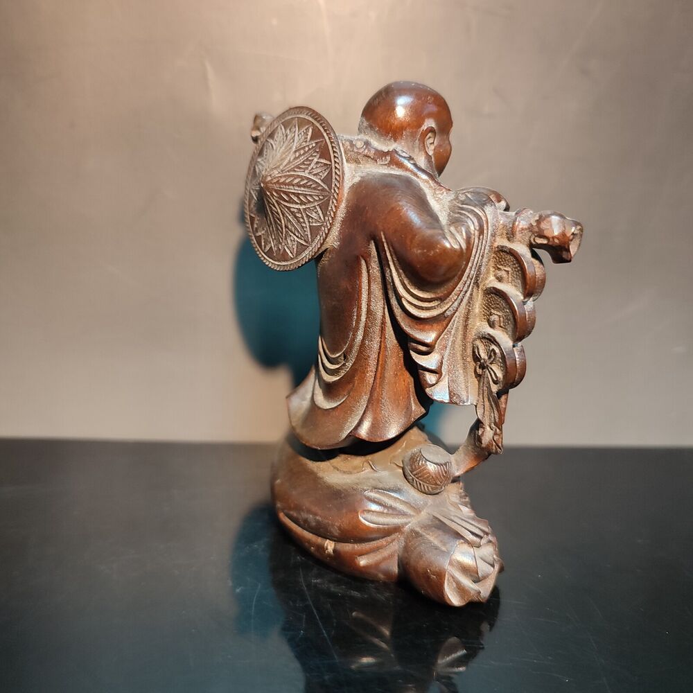 Boxwood carving wooden buddha statue wood laughing Amitabha ruyi decor praying