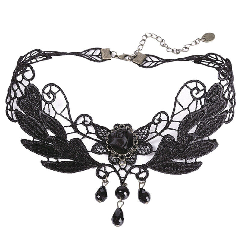 Women's Black Rose Teardrop Bead Pendant Lace Choker Lolita Collar NecklacY;US