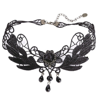 Women's Black Rose Teardrop Bead Pendant Lace Choker Lolita Collar NecklacY;US