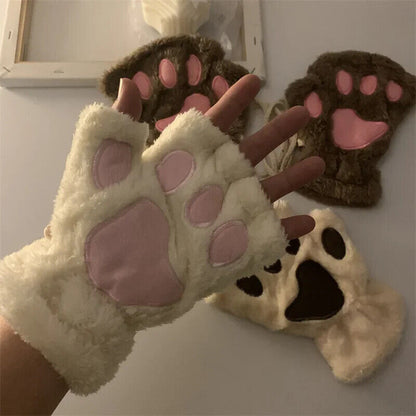Women Fingerless Gloves Plush Fluffy Cat Paw Claw Panda Mittens Warm Winter Wear