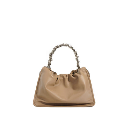 Ruched Real Leather Clutch Purse Pouch Tote Shoulder Bag Crossbody w/ Chains