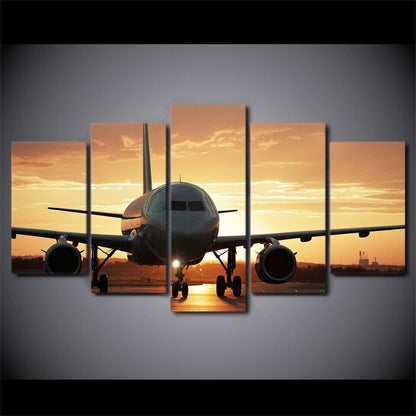 Airplane Golden Sunset 5 Piece Canvas Print Modern Wall Art Poster Home Decor