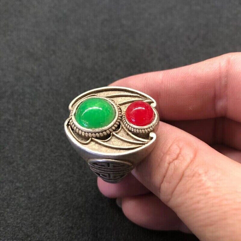Chinese old Tibet Silver carving Bat pattern Red green jade Ring
