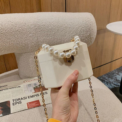 Box Handbags Women Pearl Beads Decor Lock Chain Shoulder Bag Purses Bag