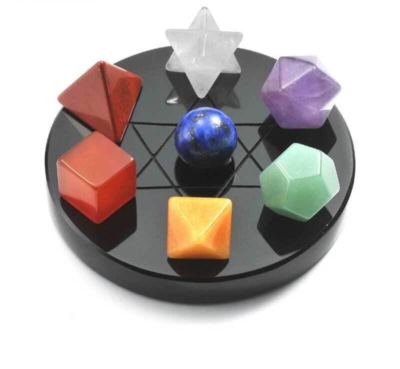 7 Chakra Crystals Platonic Energy Gemstones Reiki Healing W/ Black Obsidian Base