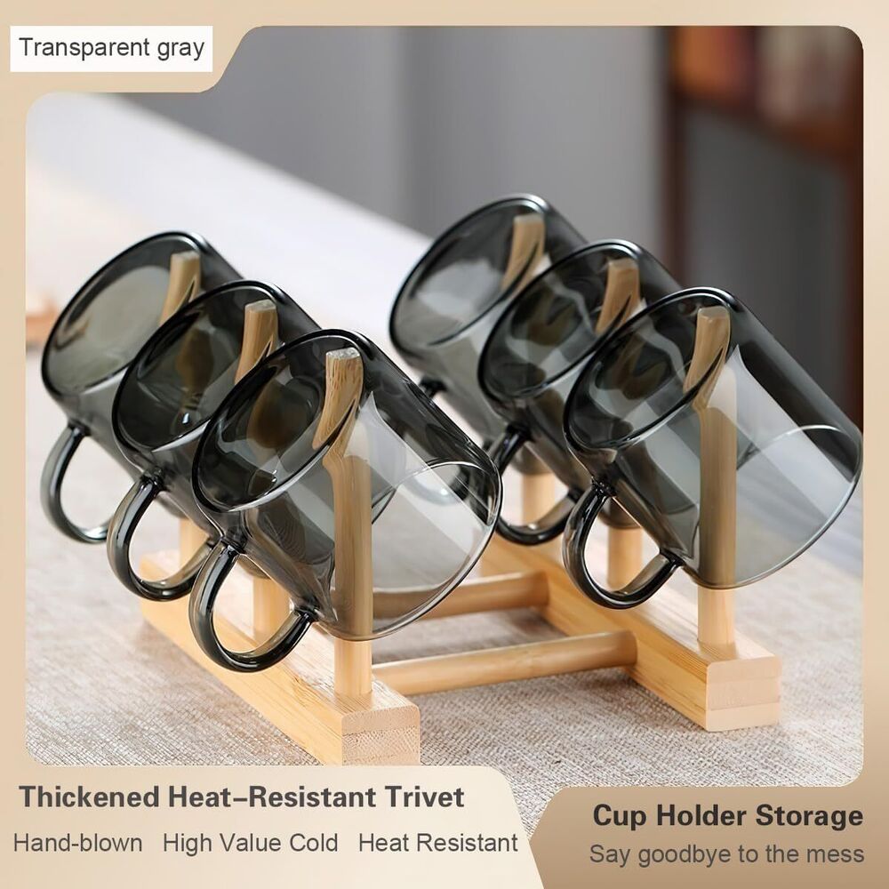 Mini Glass Tea Cups with Wooden Holder Set Chinese Tea Utensil Decor Gift 7 Pcs