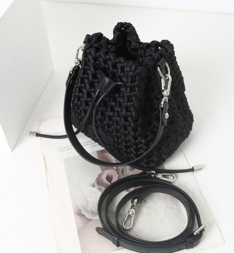 Small Mini Woven Nylon Drawstring Bucket Bag Purse Crossbody Crossbody Handbag