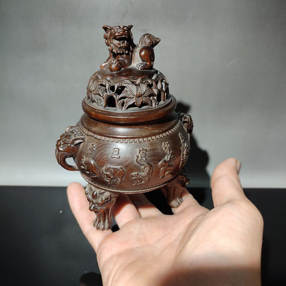 Boxwood Tripod Censer buddha incense holder lion statue Animal figurines antique