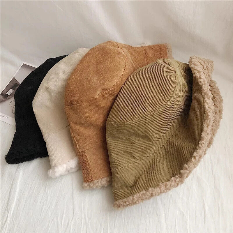 Women Winter Bucket Hat Warming Panama Cap Lady Fluffy Corduroy Double-Side Wear