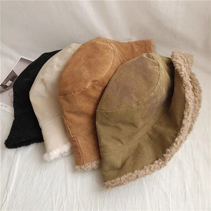 Women Winter Bucket Hat Warming Panama Cap Lady Fluffy Corduroy Double-Side Wear