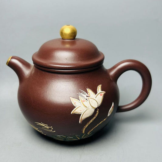 Chinese Yixing Purple Clay Teapot Zisha Ceremony Painted Fine Lotus Flower Rare
