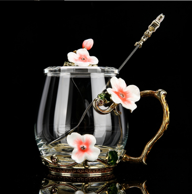 Enamel color water cup set with lid spoon crystal glass coffee cup tea cup