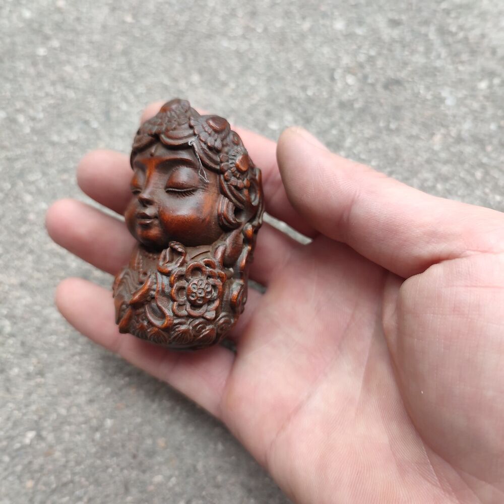 Vintage Wooden Ornaments Boxwood Carving Baby Buddha Statue Figurine Lotu Flower