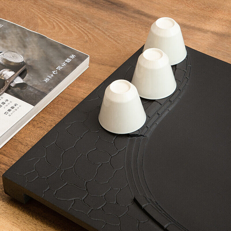 Chinese Tea Tray Black Stone Tea Table Boat Shape Design Water Draining Embossed