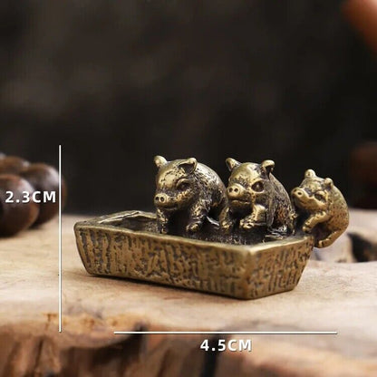Chinese Antique Pure Copper Tea Pet Three Little Pigs Drinking Water Ornaments
