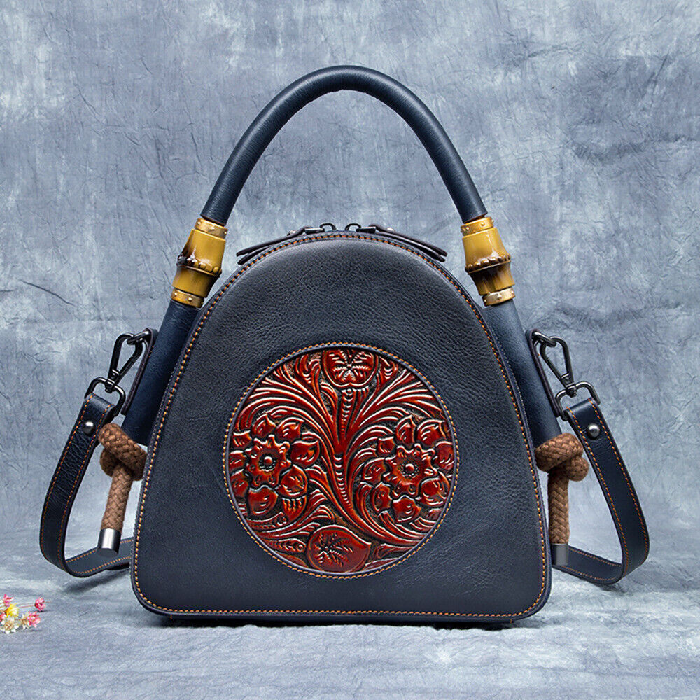 Women's Retro 100% Genuine Leather Handbag Embossed Crossbody Shoulder Shell Bag