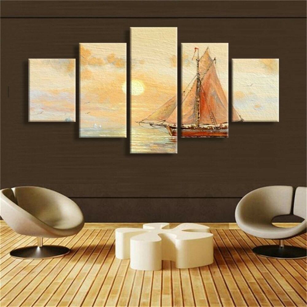 Sailboat Sunrise 5 Piece Art Poster Canvas Wall Art Home Decor Unframed