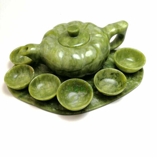 Chinese Traditional Natural Handmade Jade Teapot Carving Gong Fu Tea Cup Set