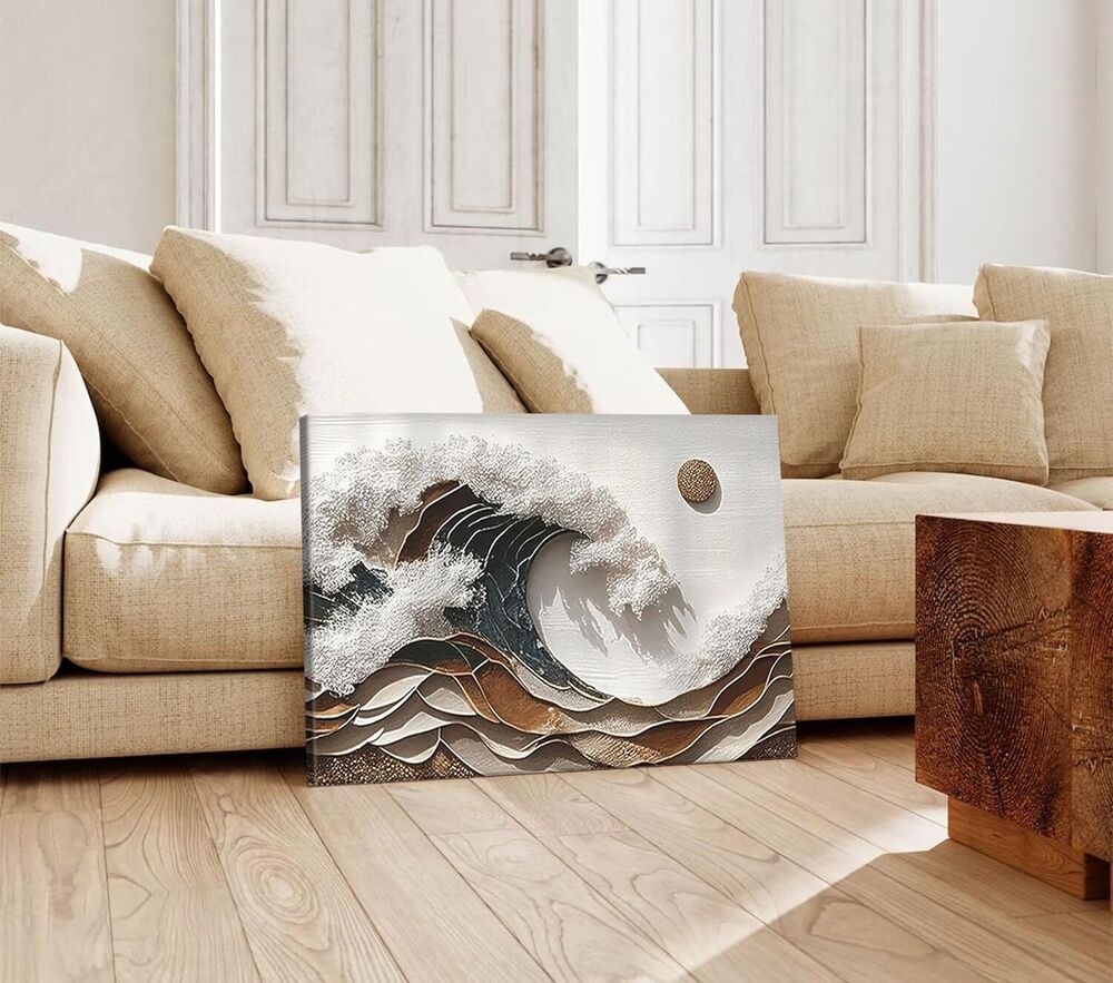 Abstract Ocean Wave Canvas Wall Art Boho Coastal Beach Poster 3D Prints Framed