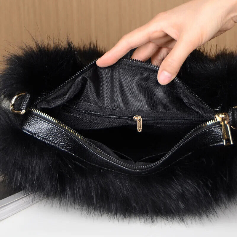 Winter Patchwork Leather Women's Ladies Long Plush Tote Bag