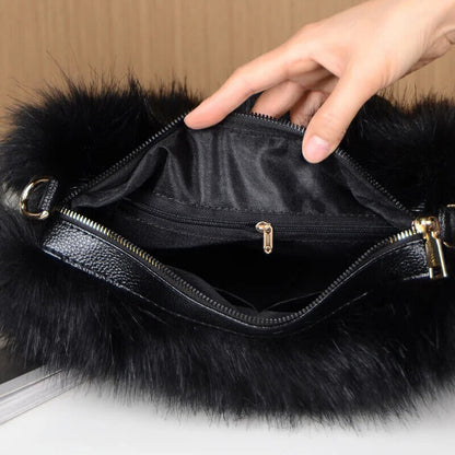 Winter Patchwork Leather Women's Ladies Long Plush Tote Bag