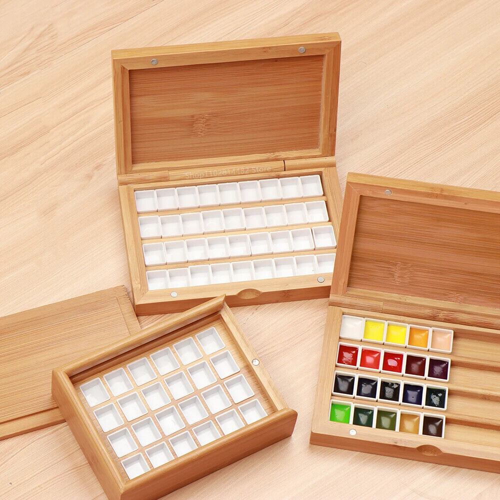 Watercolor Paint Box 24-36Cells Wooden Empty Push-Pull Flip Painting Palette Kit