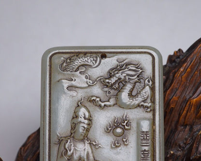 Chinese Old Natural Hetian Jade Carved Dragon Kwan Yin Statues Good Luck Pendant