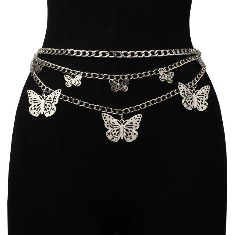 Women Belt Metal Shiny Silver Gold Butterfly Fashion Hollow Chain Thin Waistband