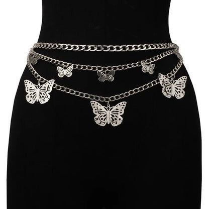 Women Belt Metal Shiny Silver Gold Butterfly Fashion Hollow Chain Thin Waistband