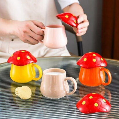 Ceramic Cute Mushroom Cup Personalized Breakfast Milk Cup with Lid 300 ml