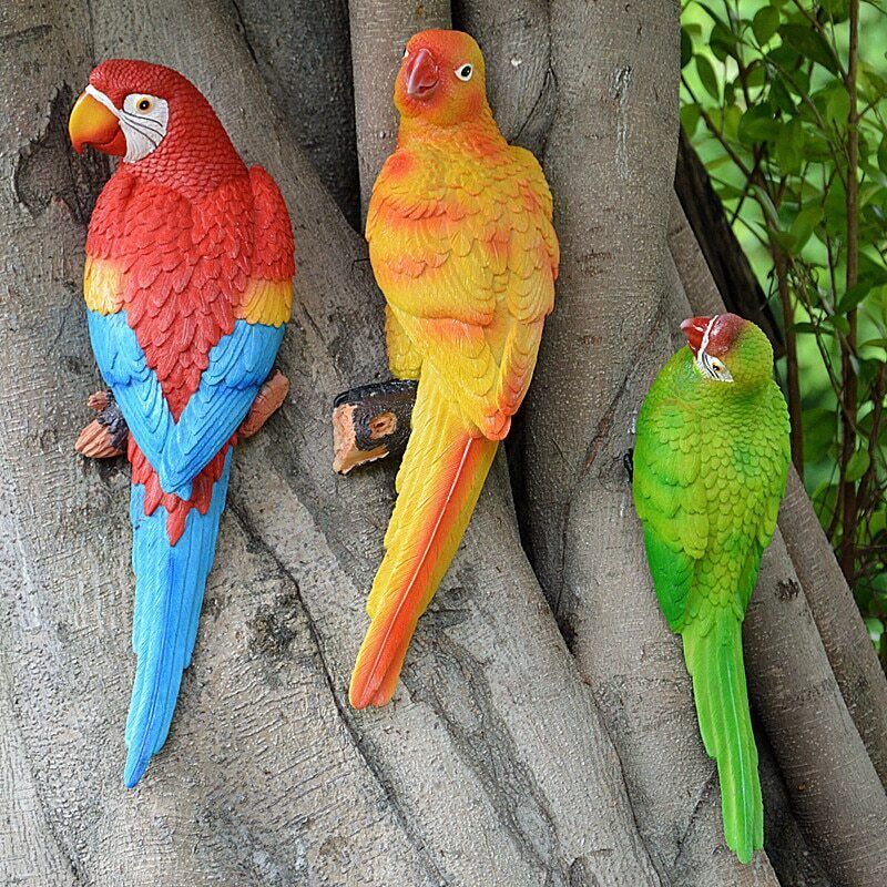 Resin Parrot Statue Wall Mounted Outdoor Garden Tree Decoration Animal Sculpture-