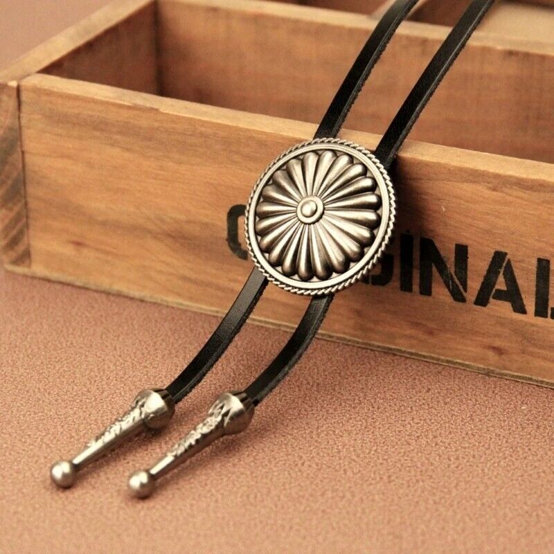 Bolo Tie Necklace Alloy Leather Sweater Chain Western Round Cowboy Necktie 100cm