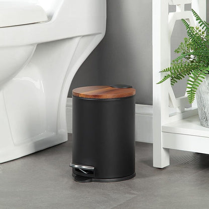 Round Trash Can Acacia Cover with Plastic Inner Bucket for Home and Office