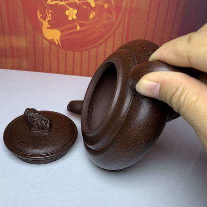 Vintage Chinese Yixing Purple Clay Teapot Zisha Ceramic Carving Beast Teaware