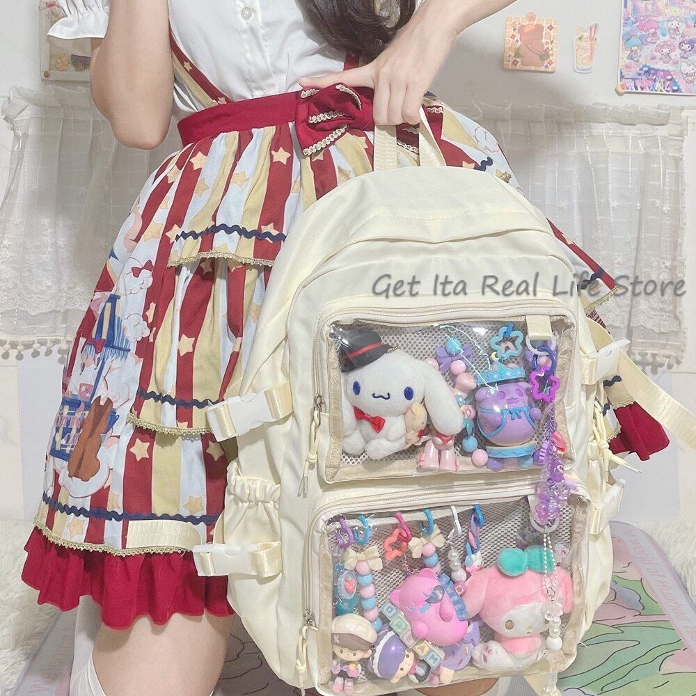 Girls Large School Pink Backpack Two Clear Pockets Display Women Big Bag