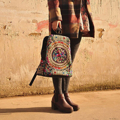 Women Canvas Backpacks Handmade Floral Embroidery Schoolbag Denim Travel Bags