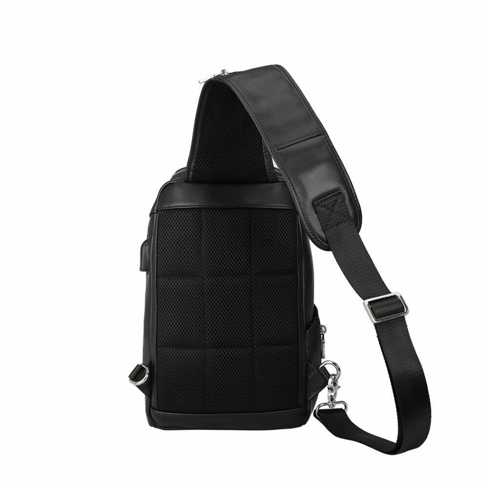 Men Real Leather USB Charging Sling Bag Chest Single Strap Backpack Shoulder Bag