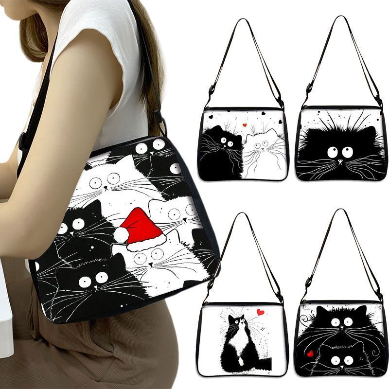 Customized Shoulder Bag Cute Black White Cat Printing Handbag Purse Storage Bag