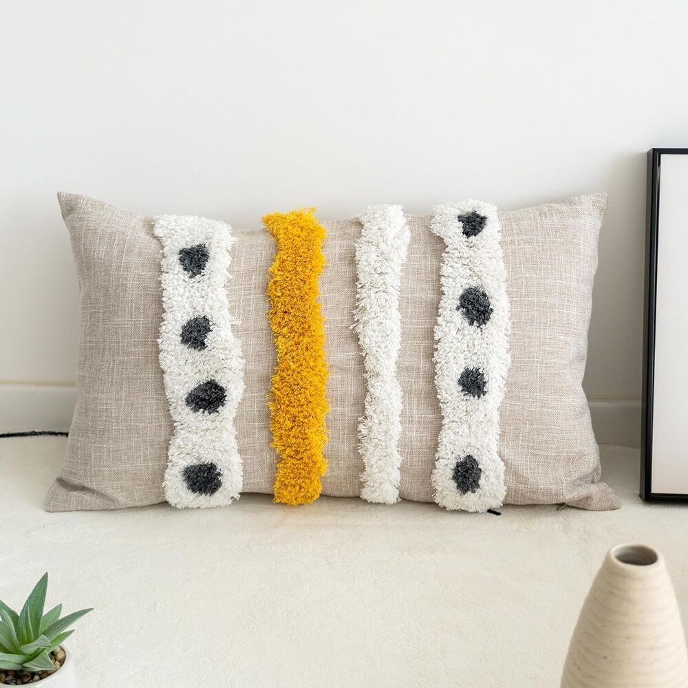 Boho Tufted Lumbar Throw Pillow Cover with Handwoven Stripes Cotton Cushion