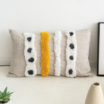 Boho Tufted Lumbar Throw Pillow Cover with Handwoven Stripes Cotton Cushion
