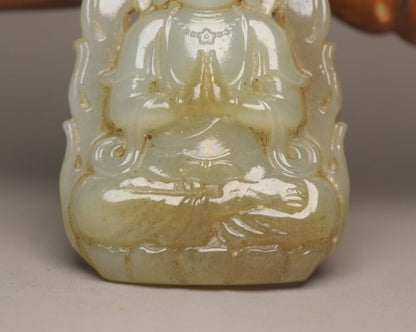 Chinese Natural Hetian Jade Carved Kwan Yin Statue Good Luck Pendant Amulets Art