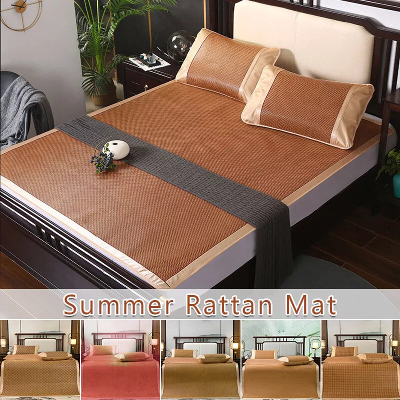 Summer Sleeping Rattan Bed Mat Foldable Nature Bamboo Cool Bed Mat +Pillowcase