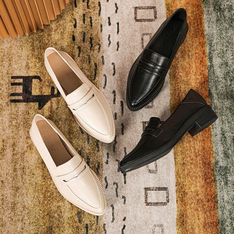Leather Shoes Women Flats Slip on Loafers Brogue Shoes Thick Heel Oxfords