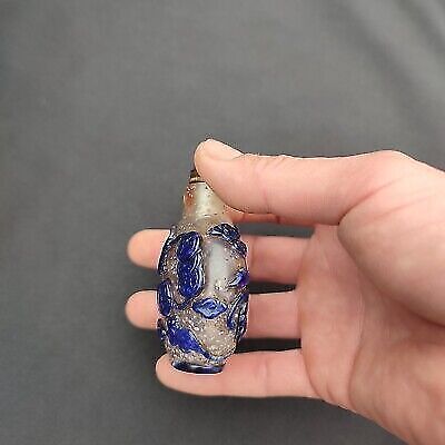 vintage peking glass snuff bottle collect carving bat statue box blue mouse art